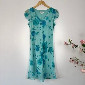 VTG! D.B.Y. Floral Chiffon Dress Blue Sheer V Neck Midi Y2K Romantic Fairycore 6